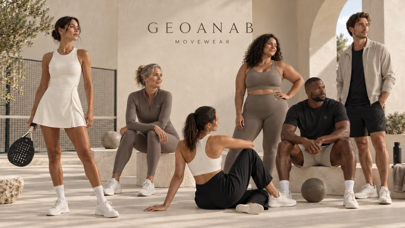 Different people wearing GEOANAB move wear in an elegant training environment